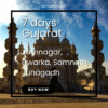View of Mahabat Maqbara complex in Junagadh, showcasing intricate Islamic-Gothic architecture with minarets and domes under a clear blue sky.