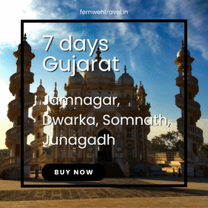 View of Mahabat Maqbara complex in Junagadh, showcasing intricate Islamic-Gothic architecture with minarets and domes under a clear blue sky.
