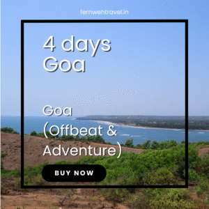 Panoramic view of a quiet Goan beach from a small hilltop, with turquoise waves and palm-lined shores.
