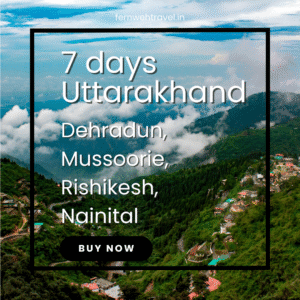 Scenic hill view of Mussoorie with lush greenery and misty mountain backdrop