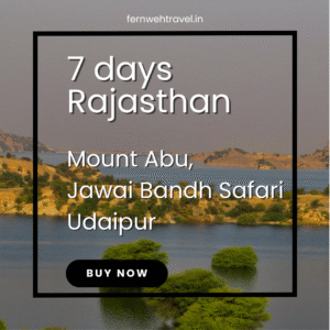 Jawai River landscape with tranquil water, rocky hills, and wild terrain—perfect habitat for leopards in Rajasthan.