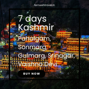 Vaishno Devi temple glowing with lights on a mountain ridge at night – aerial spiritual view of Jammu & Kashmir tour